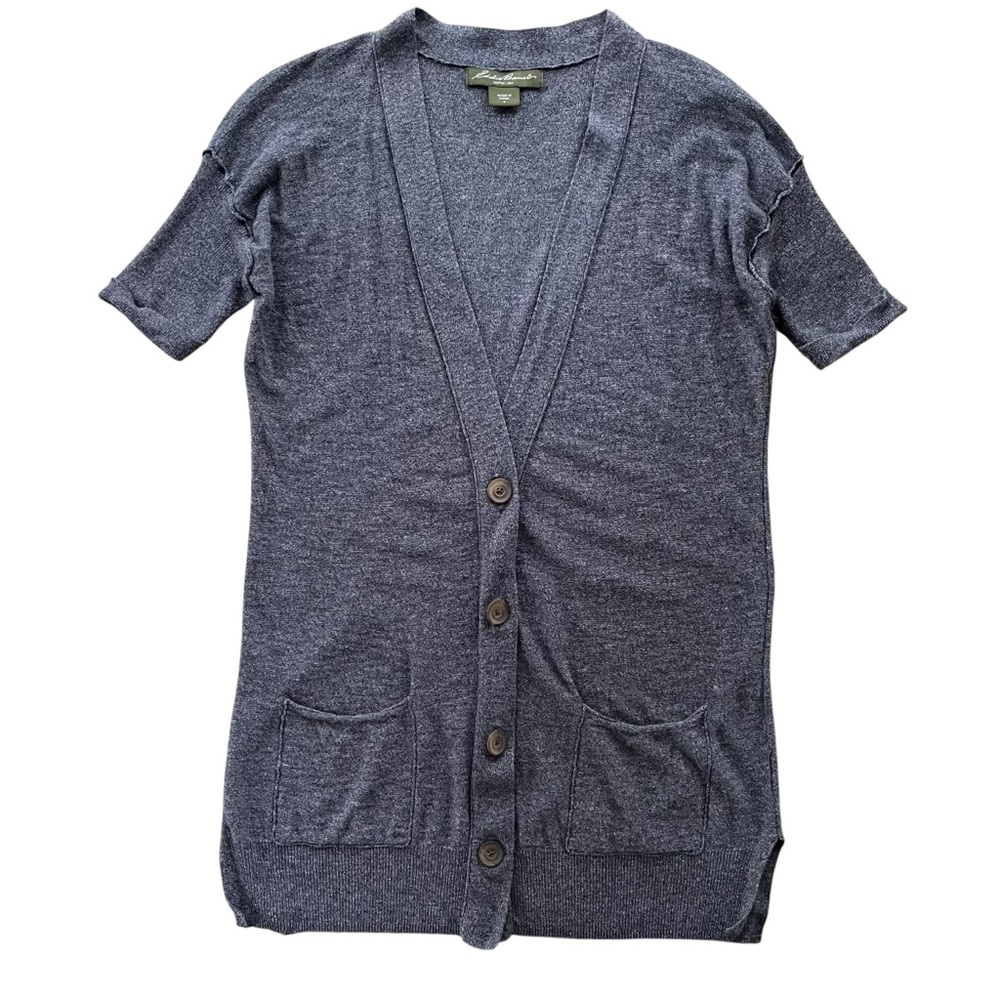 Eddie Bauer Women S Gray Blue Short Sleeve Button Lightweigt Knit Cardigan Beach